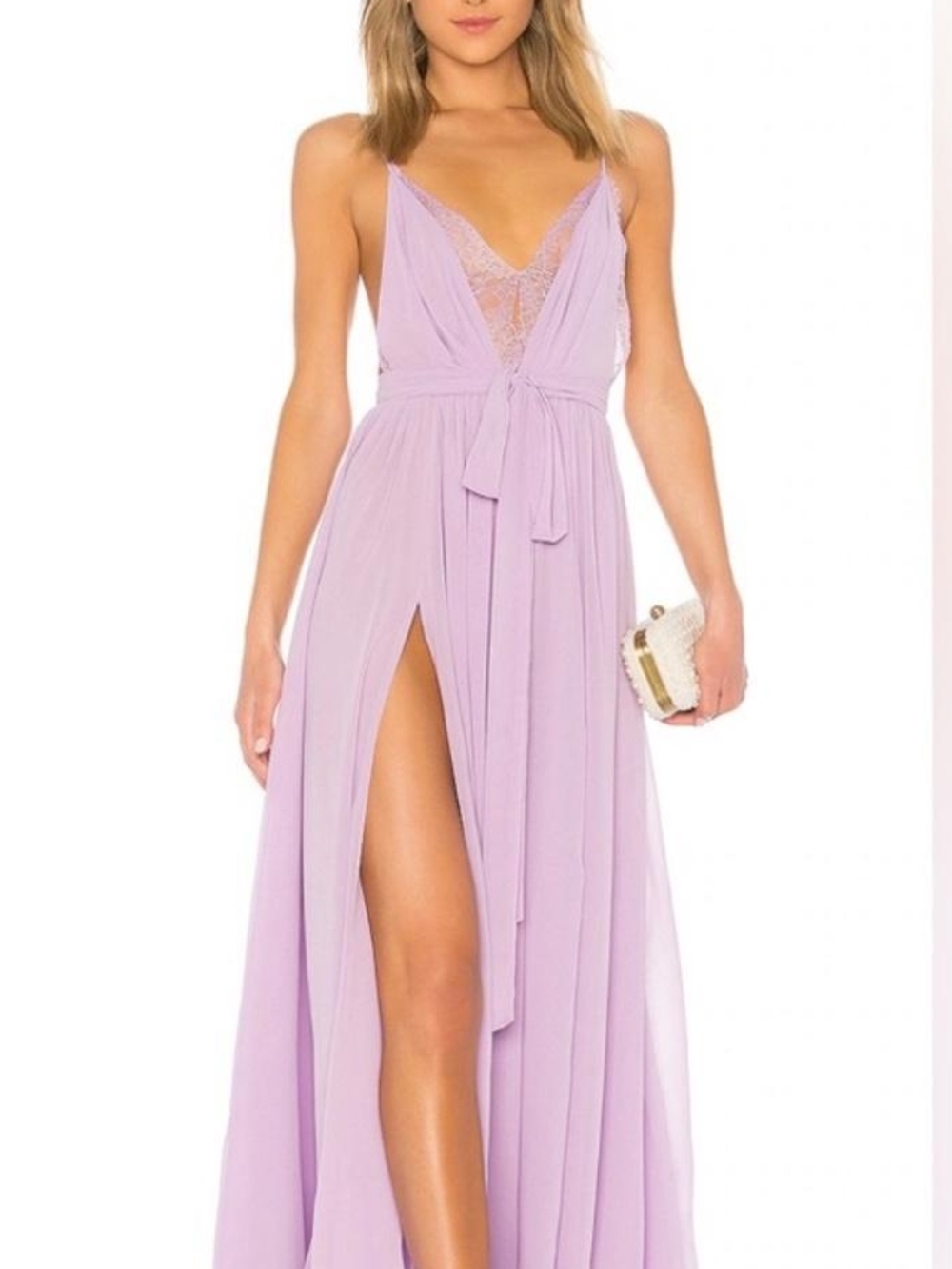 Michael Costello X Revolve Lavender Lace-Trim Maxi Dress with Front Slit SzS NWT